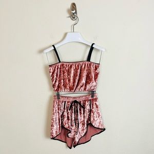 Pink & Black Crushed Velvet Crop Top & Shorts Pajama Sleep Set